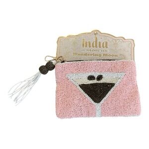 Wandering Moon Pink Beaded Handmade Wristlet Bag with Tassel, Martini w/Olives.